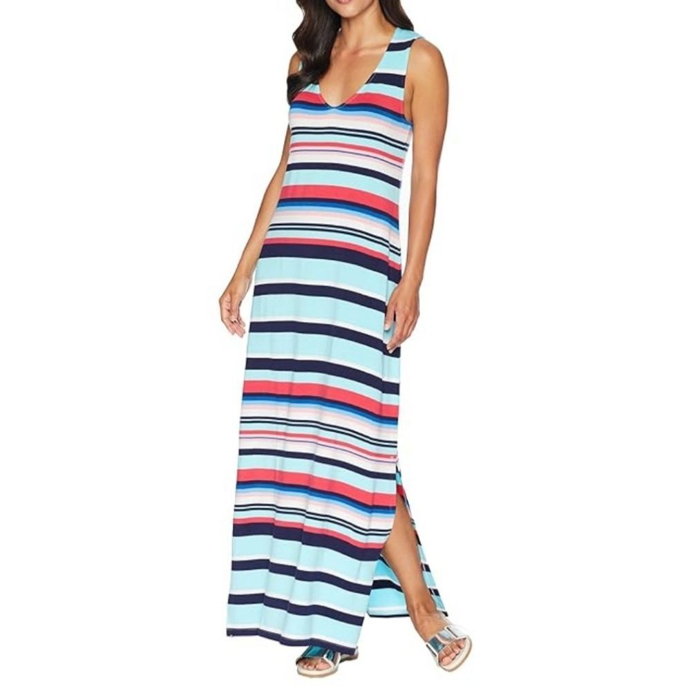 Tommy Bahama Arden V Neck Maxi Tank Dress Small Turquoise Stripe Coastal Style